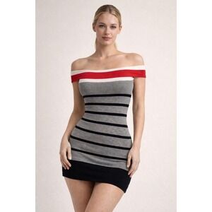 Vintage Y2K Bebe Off Shoulder Striped Bodycon Mini Dress XS Grey Red Nautical